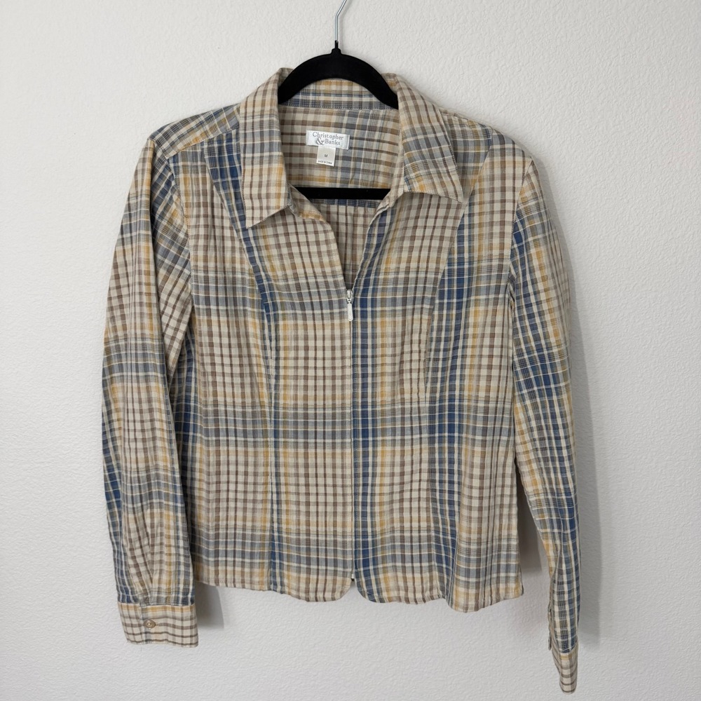 Christopher & Banks‎ Zip Front Shirt Womens Medium Tan Blue Plaid Good Cotton